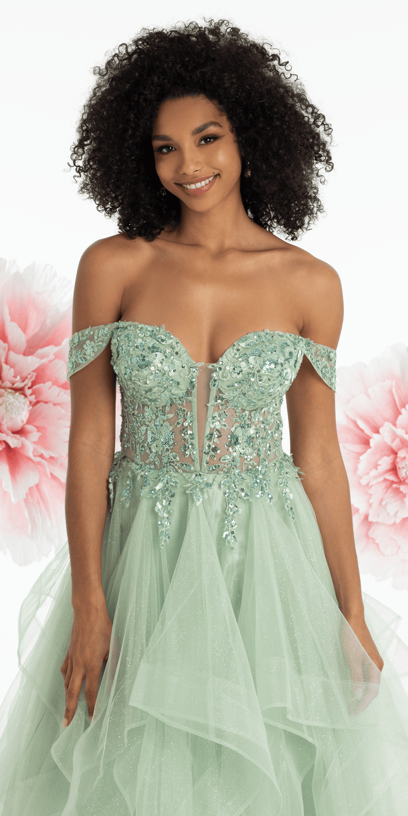 Embroidered Off the Shoulder Beaded Glitter Tulle Tiered Ballgown – Camille  La Vie