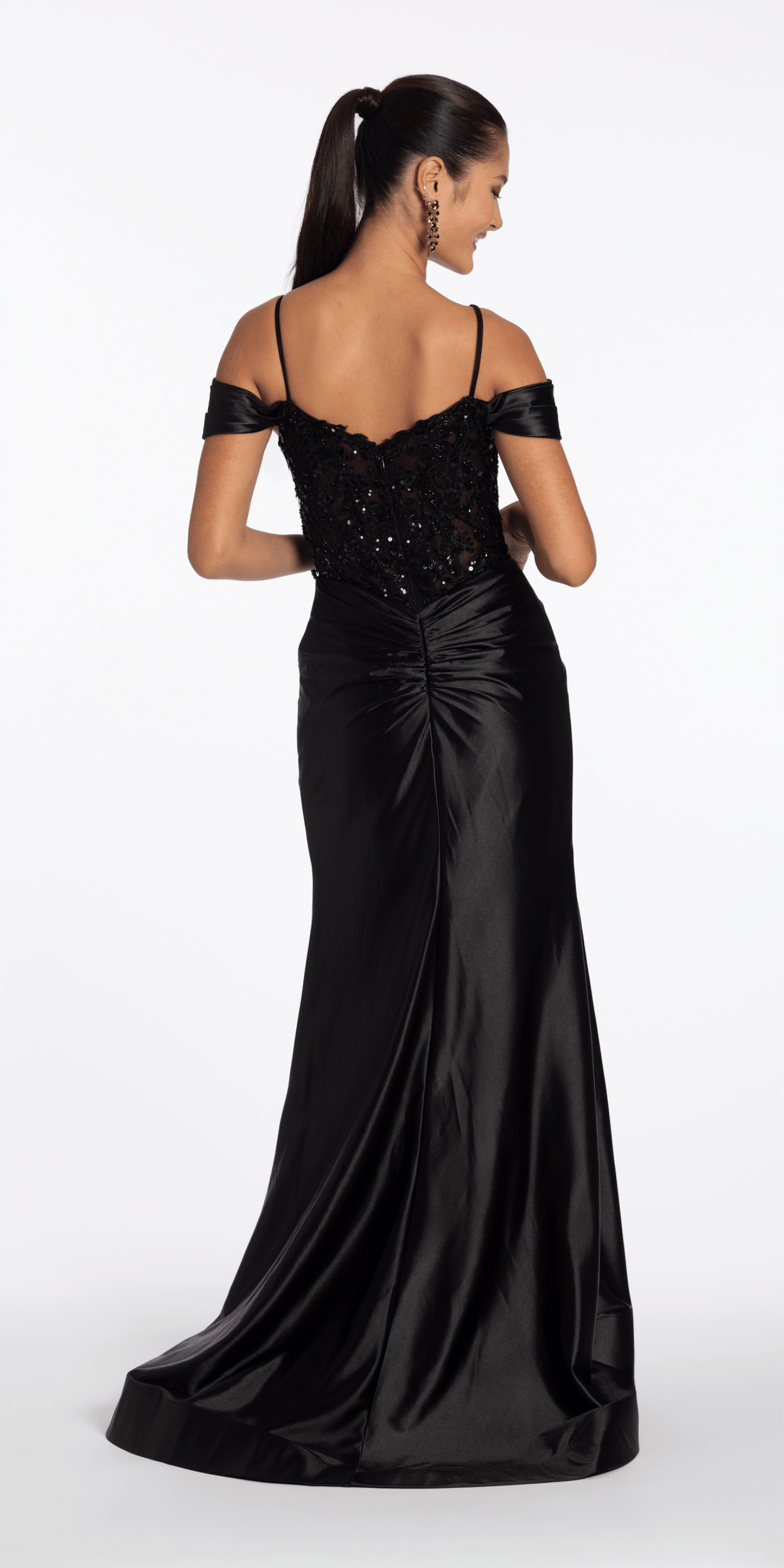Embroidered Sequin Satin Off the Shoulder Twist Knot Trumpet Dress
