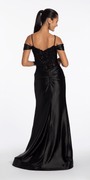 Embroidered Sequin Satin Off the Shoulder Twist Knot Trumpet Dress