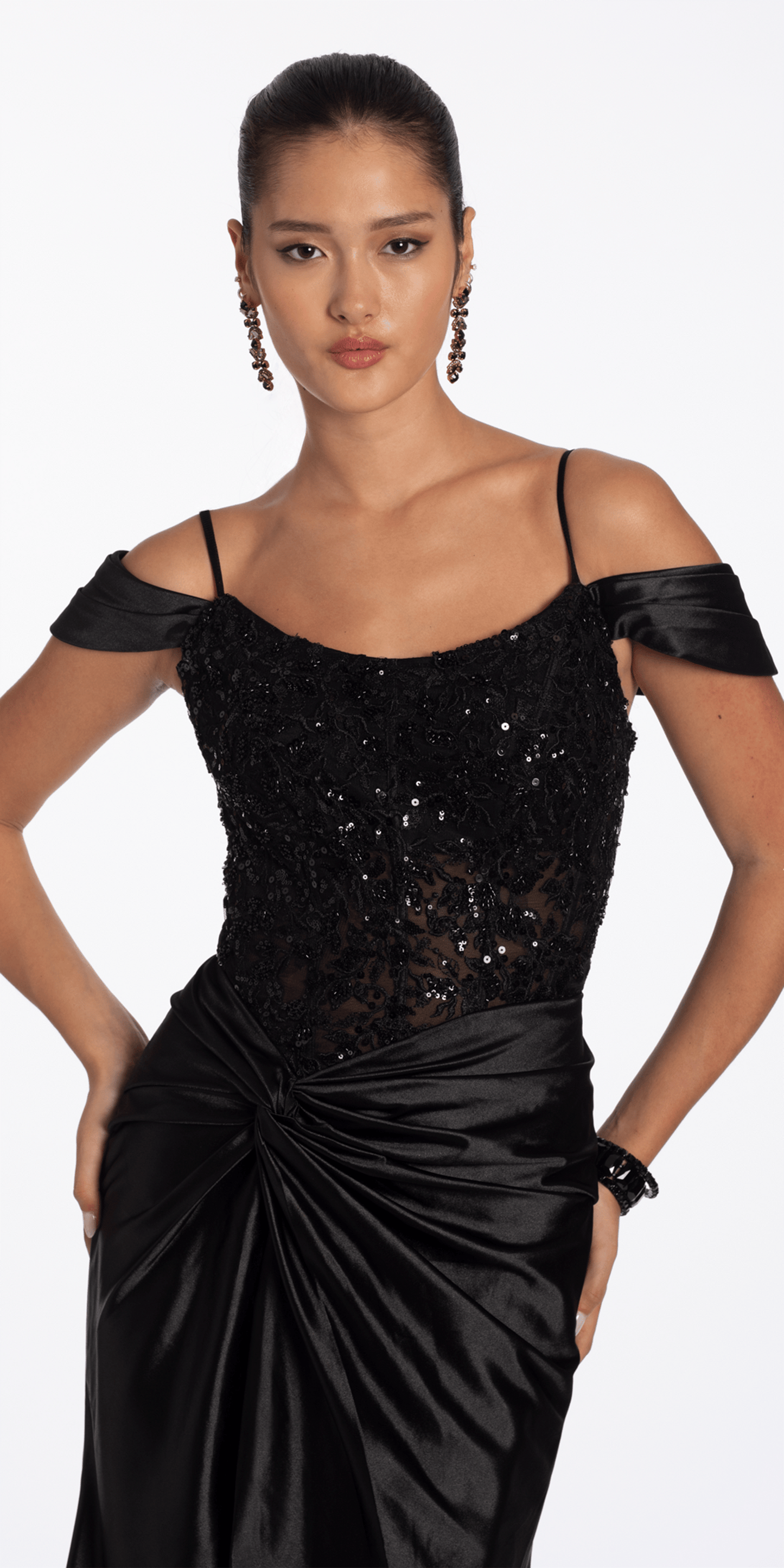 Embroidered Sequin Satin Off the Shoulder Twist Knot Trumpet Dress