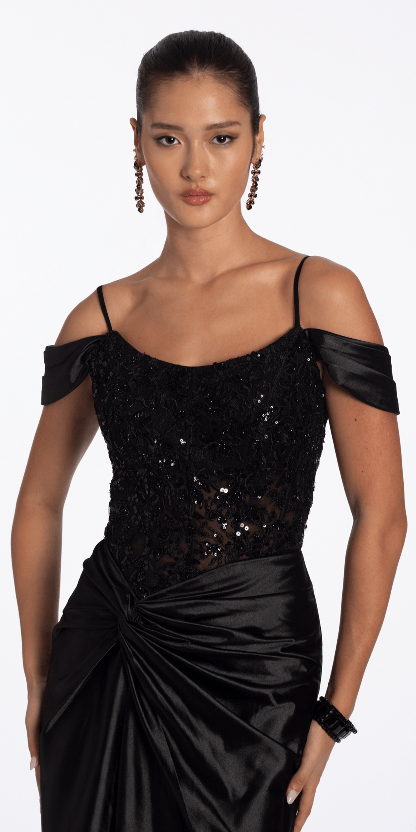 Embroidered Sequin Satin Off the Shoulder Twist Knot Trumpet Dress