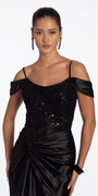 Embroidered Sequin Satin Off the Shoulder Twist Knot Trumpet Dress