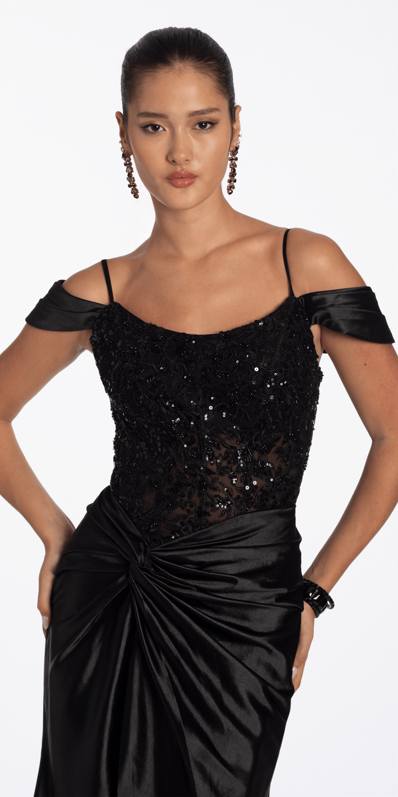 Embroidered Sequin Satin Off the Shoulder Twist Knot Trumpet Dress