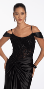 Embroidered Sequin Satin Off the Shoulder Twist Knot Trumpet Dress