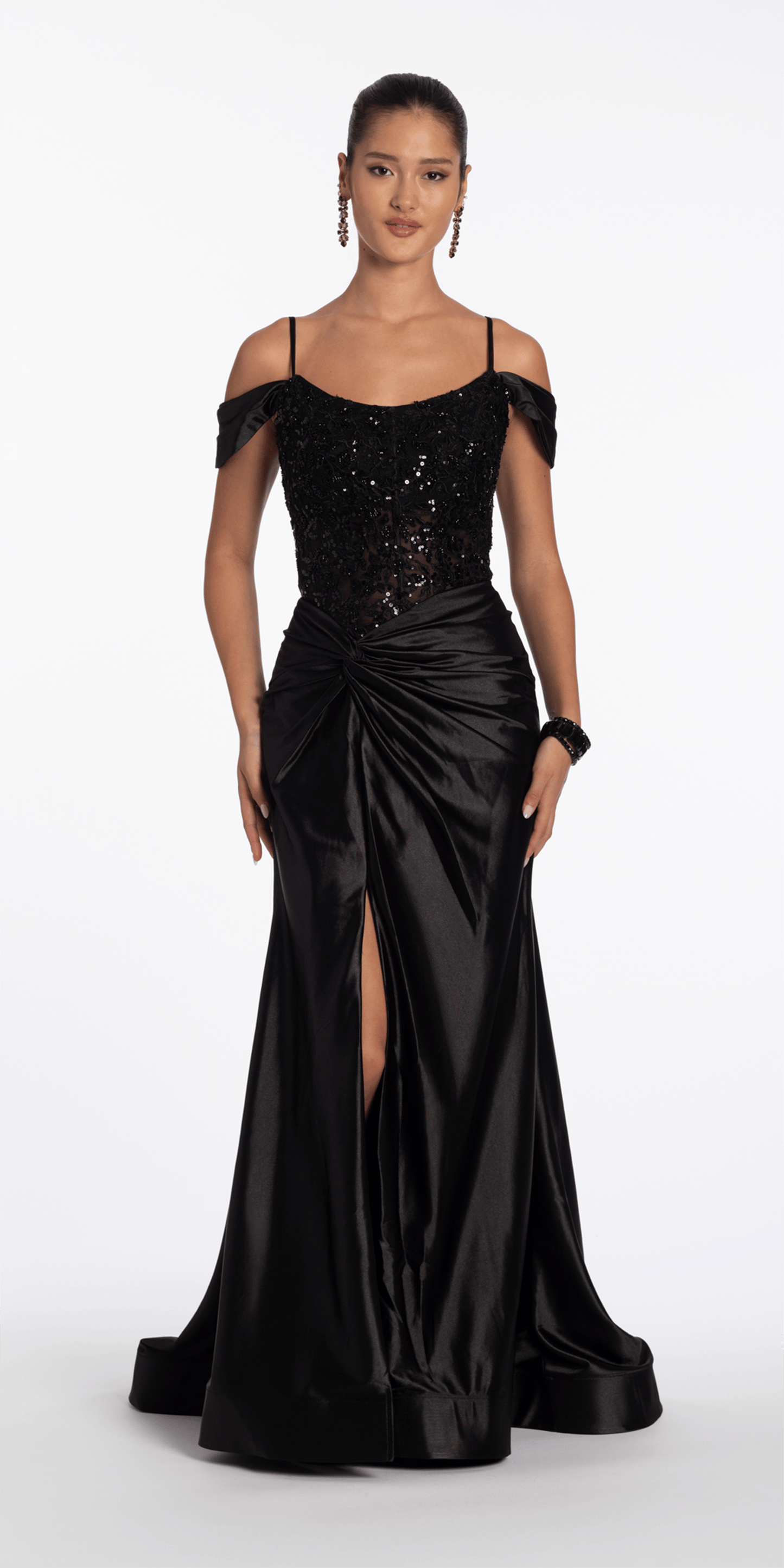 Embroidered Sequin Satin Off the Shoulder Twist Knot Trumpet Dress
