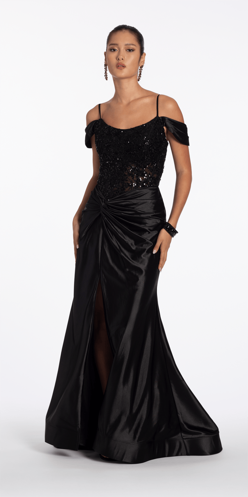 Embroidered Sequin Satin Off the Shoulder Twist Knot Trumpet Dress