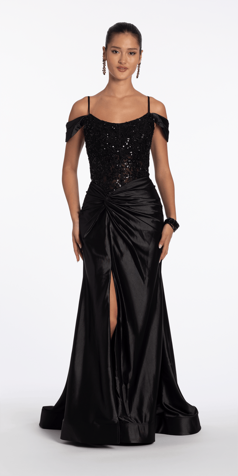 Embroidered Sequin Satin Off the Shoulder Twist Knot Trumpet Dress