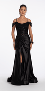 Embroidered Sequin Satin Off the Shoulder Twist Knot Trumpet Dress