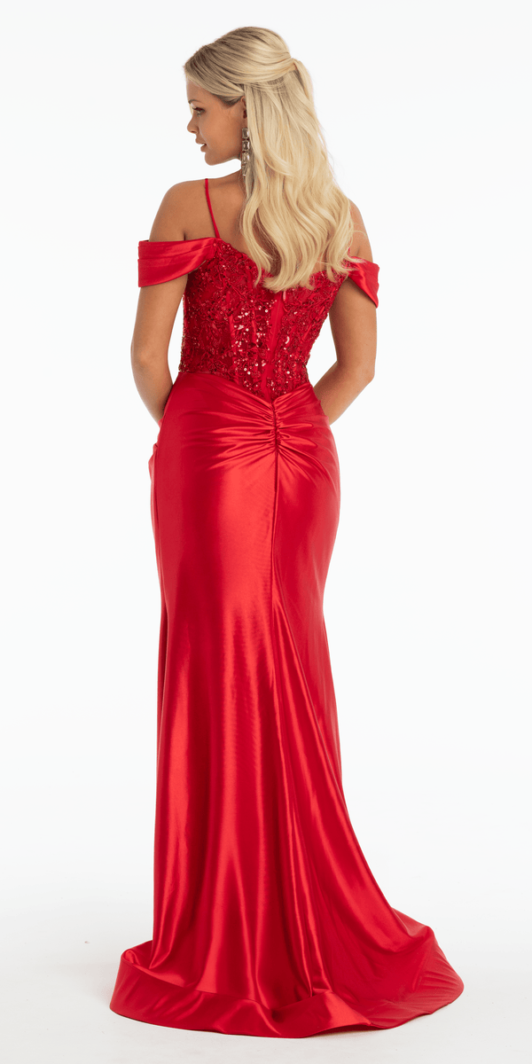 red/size/4/missy/Camille La Vie/Embroidered Sequin Satin Off the Shoulder Twist Knot Trumpet Dress/back