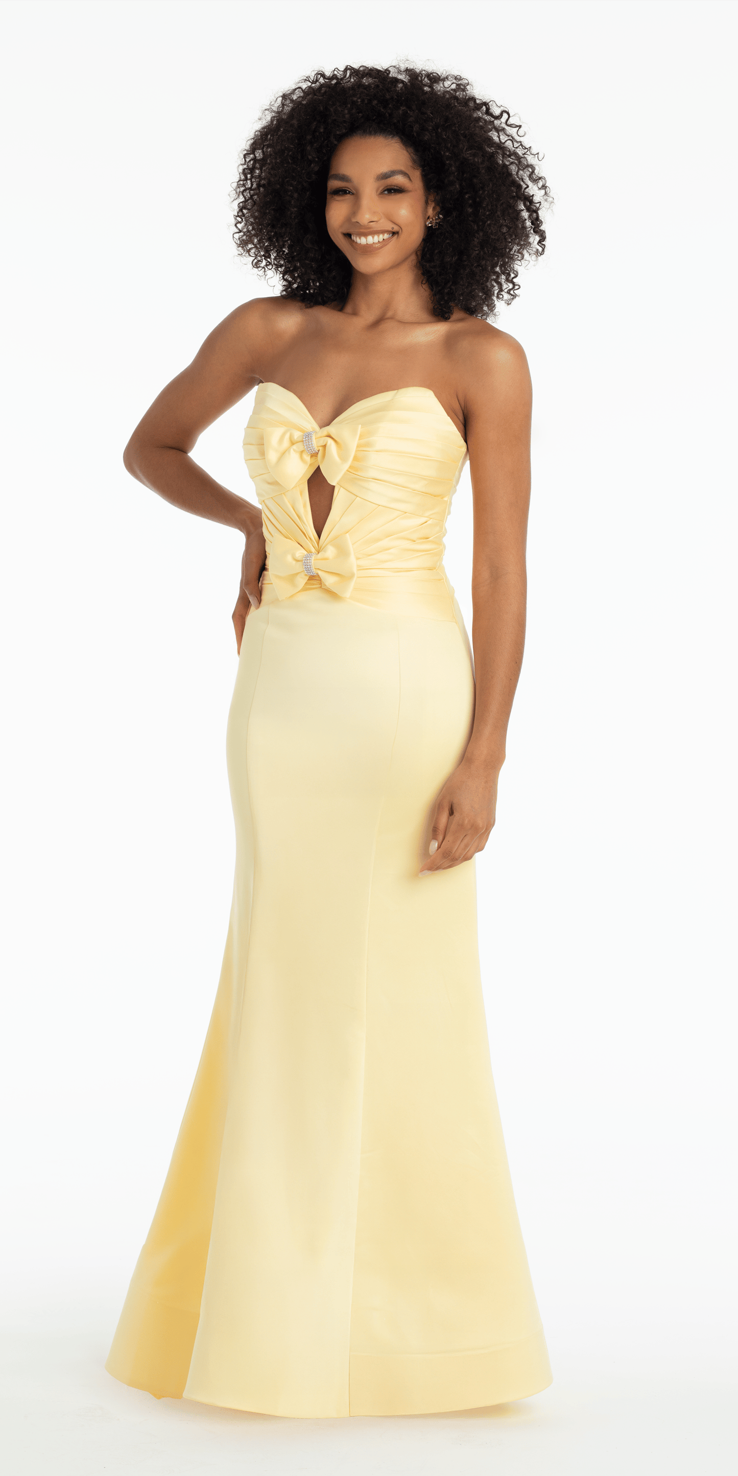 yellow/size/4/ missy/Camille La Vie/Strapless Pleated Cut Out Double Bow Trumpet Dress/front