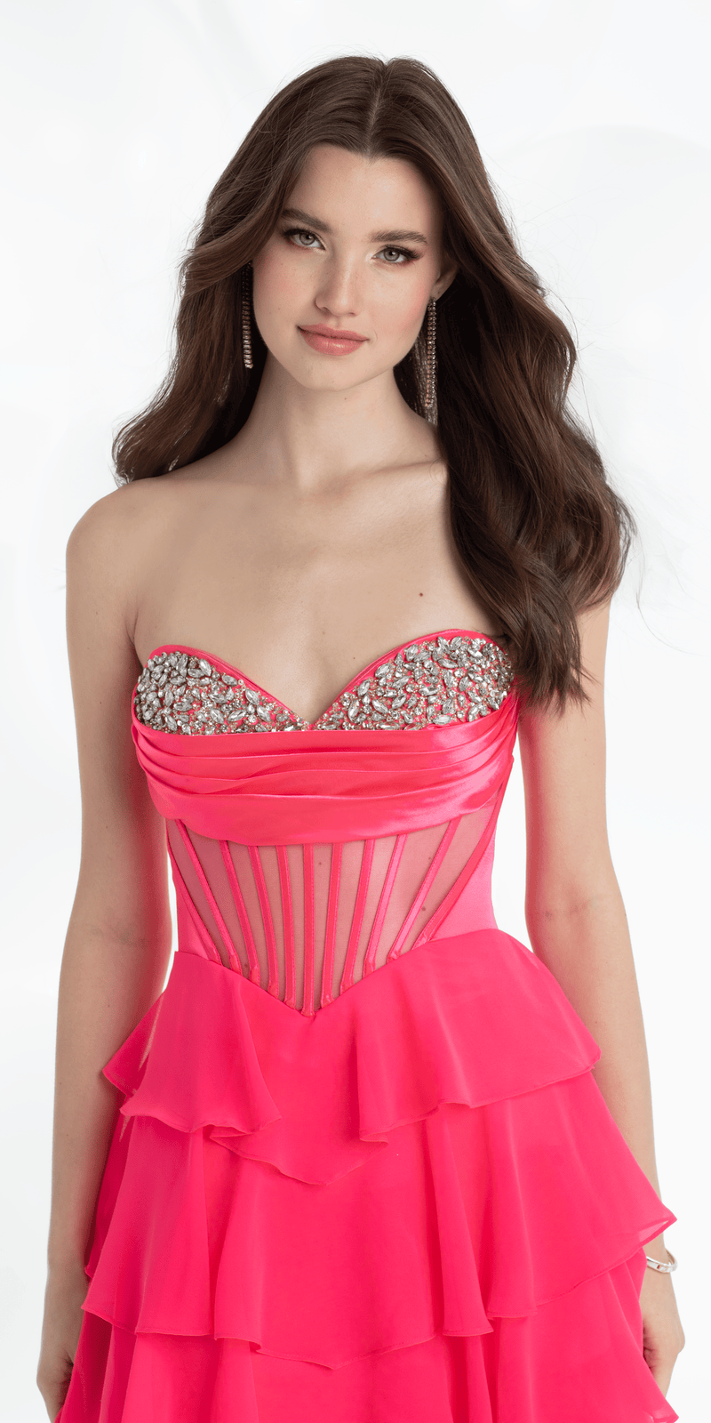 Strapless Beaded Drape Chiffon Corset A Line Dress with Tiers Missy / 6 / Bright-Pink