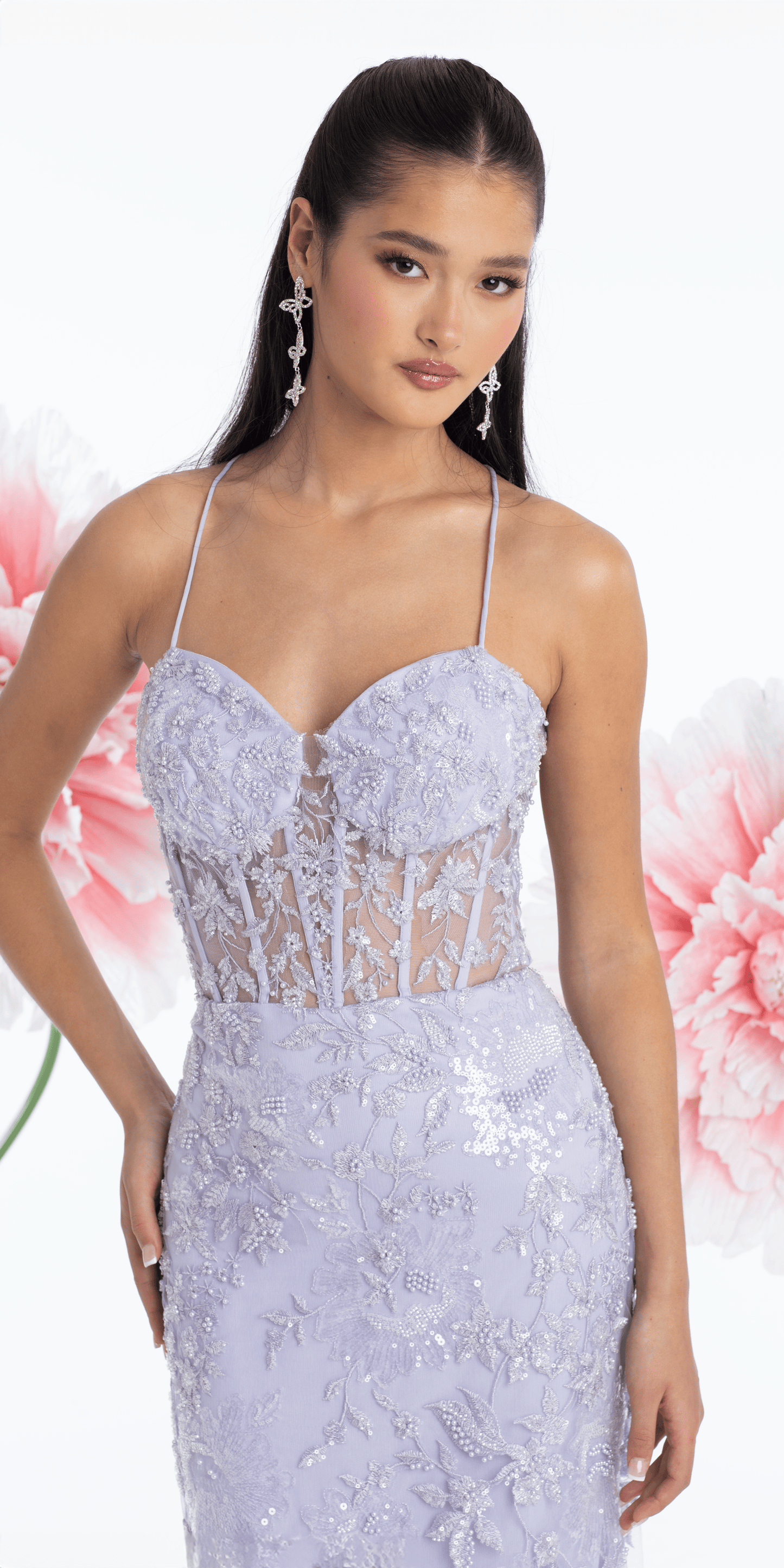 lilac/size/0/missy/Camille La Vie /Pearl Accent Floral Embroidered Mesh Corset Mermaid Dress/close up