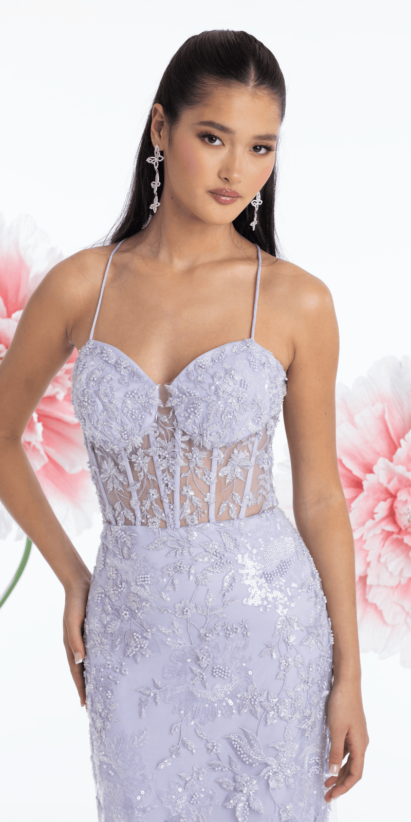 Pearl Accent Floral Embroidered Mesh Corset Mermaid Dress missy / 10 / lilac