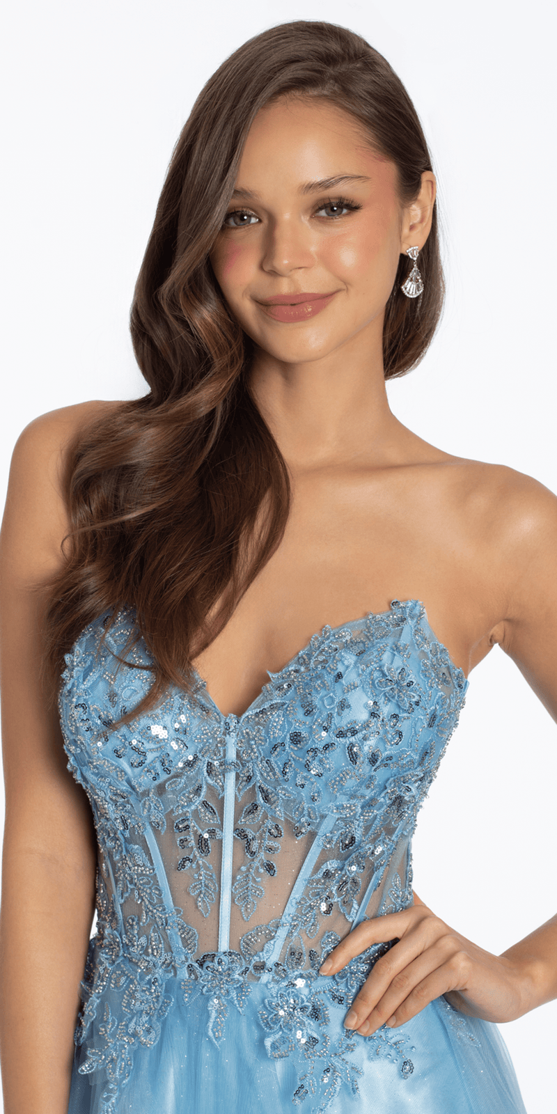 light-blue/size/4/ missy/Camille La Vie/Strapless Sweetheart Glitter Tulle Corset Ballgown/close up 2