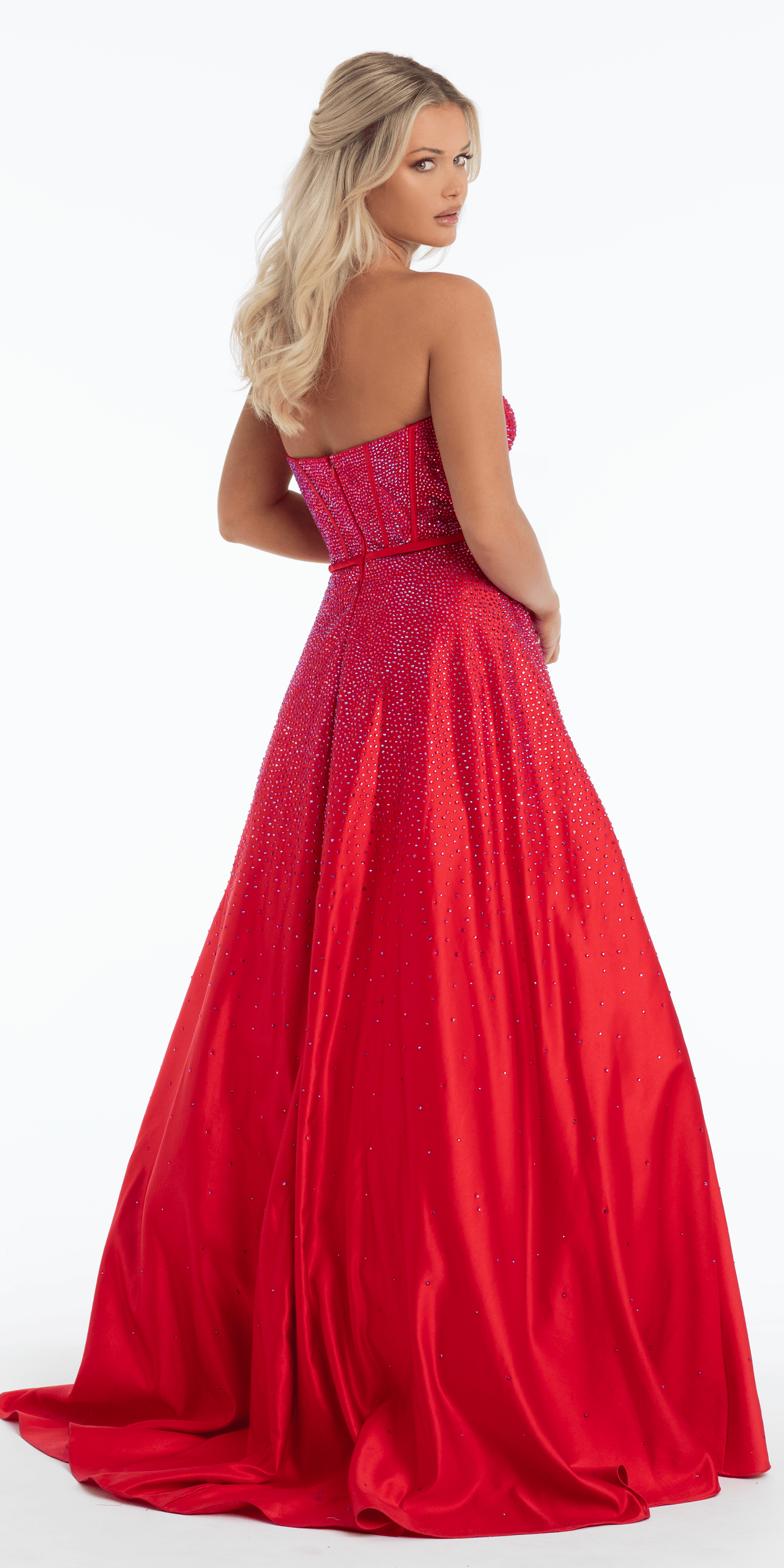 red/size/4/missy/Camille la Vie/Bow Front Satin Strapless Corset Ballgown with Heat Set Stones Vie/back