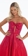 red/size/4/missy/Camille la Vie/Bow Front Satin Strapless Corset Ballgown with Heat Set Stones Vie/close up