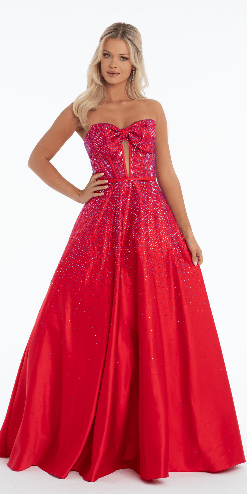 red/size/4/missy/Camille la Vie/Bow Front Satin Strapless Corset Ballgown with Heat Set Stones Vie/front 