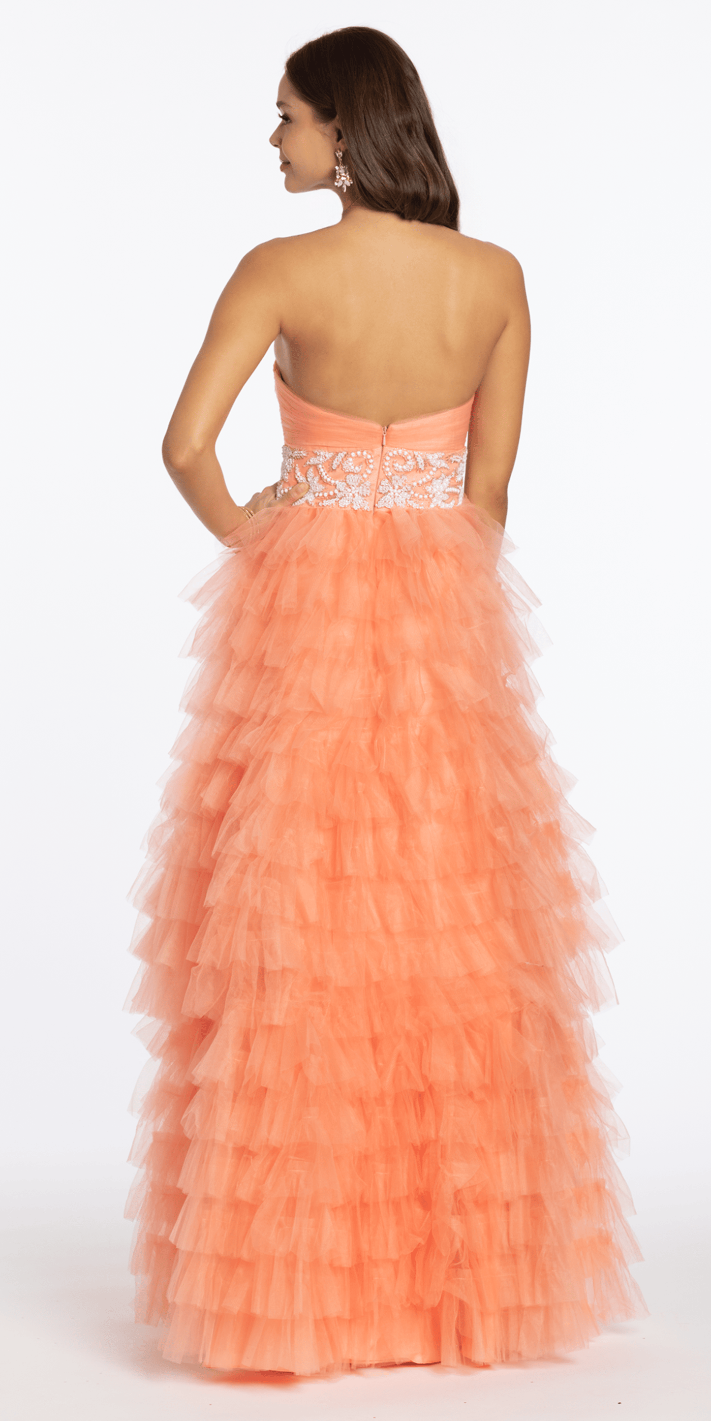 peach/size/4/missy/Camille La Vie/Strapless Tiered Mesh Ballgown with Keyhole and Beading /back
