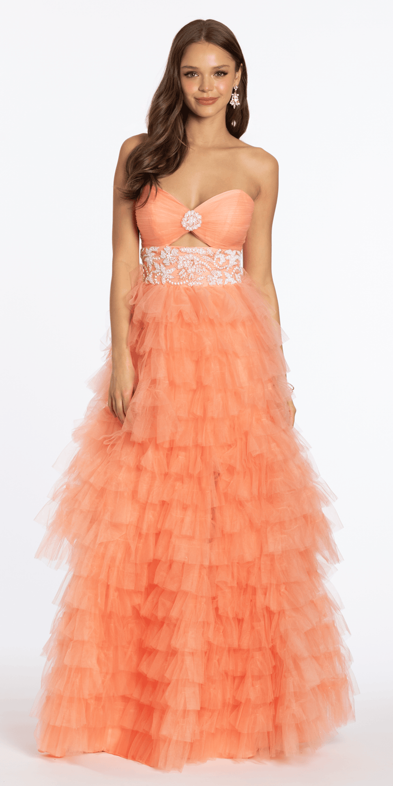 peach/size/4/missy/Camille La Vie/Strapless Tiered Mesh Ballgown with Keyhole and Beading /front