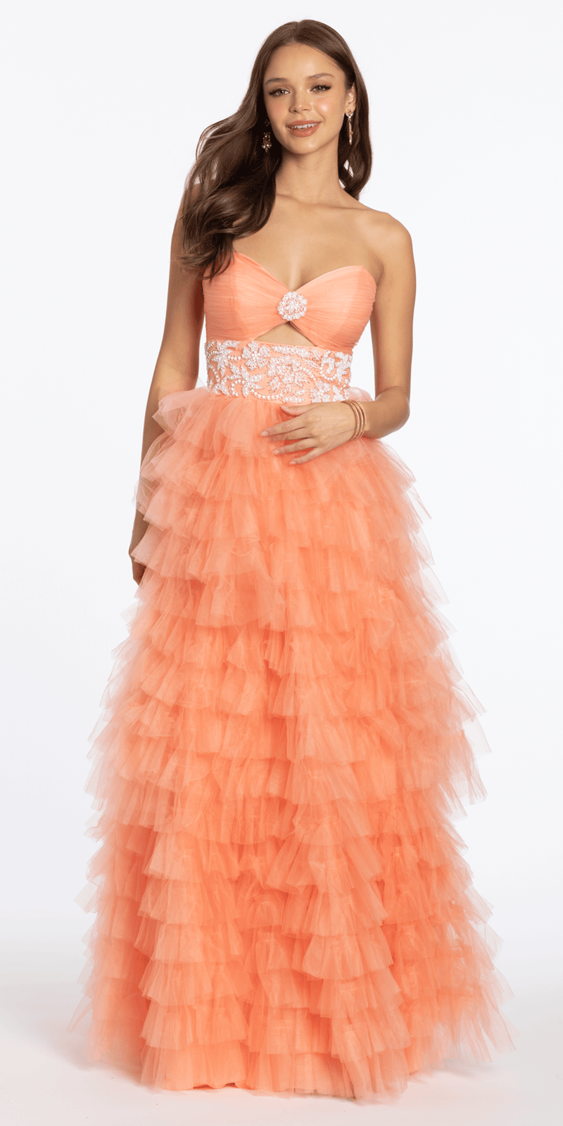 peach/size/4/missy/Camille La Vie/Strapless Tiered Mesh Ballgown with Keyhole and Beading /front alt
