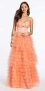 peach/size/4/missy/Camille La Vie/Strapless Tiered Mesh Ballgown with Keyhole and Beading /front alt