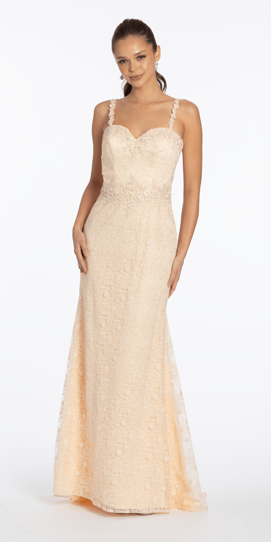 fan lace double cage back dress from camille la vie Plunging Crochet Lace V Back Ballgown missy / 8 / ivory