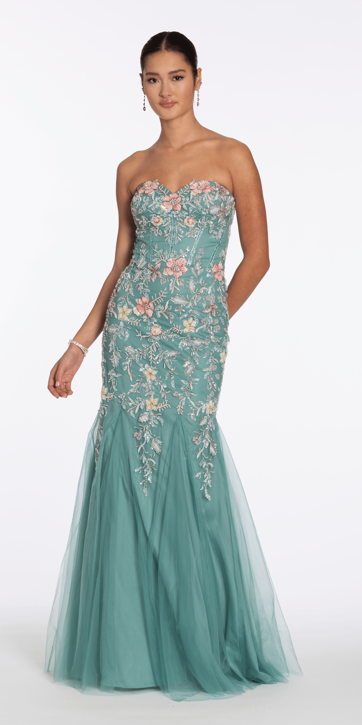 sage/size/2/missy/Camille La Vie /Floral Mesh Strapless Mermaid Dress with Godets/front alt