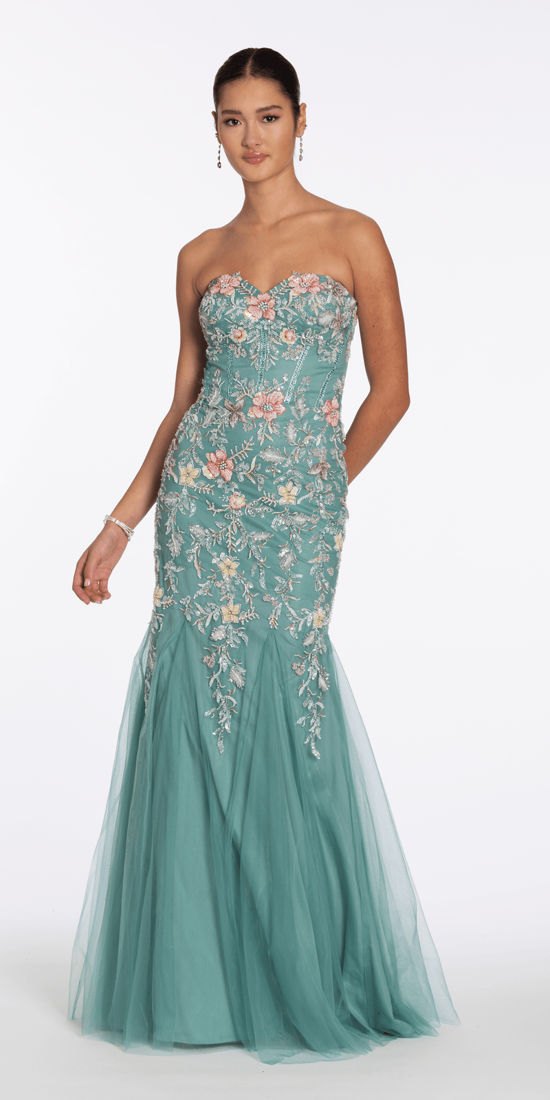 Floral Mesh Embroidered Strapless Mermaid Dress with Godets missy / 12 / sage