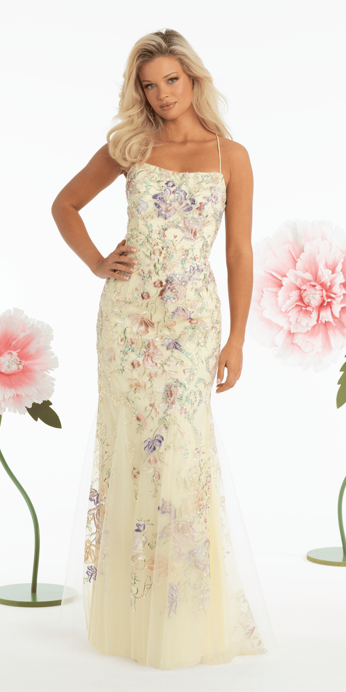 Strappy Back Mesh Floral Embroidered Column Dress  Camille La Vie