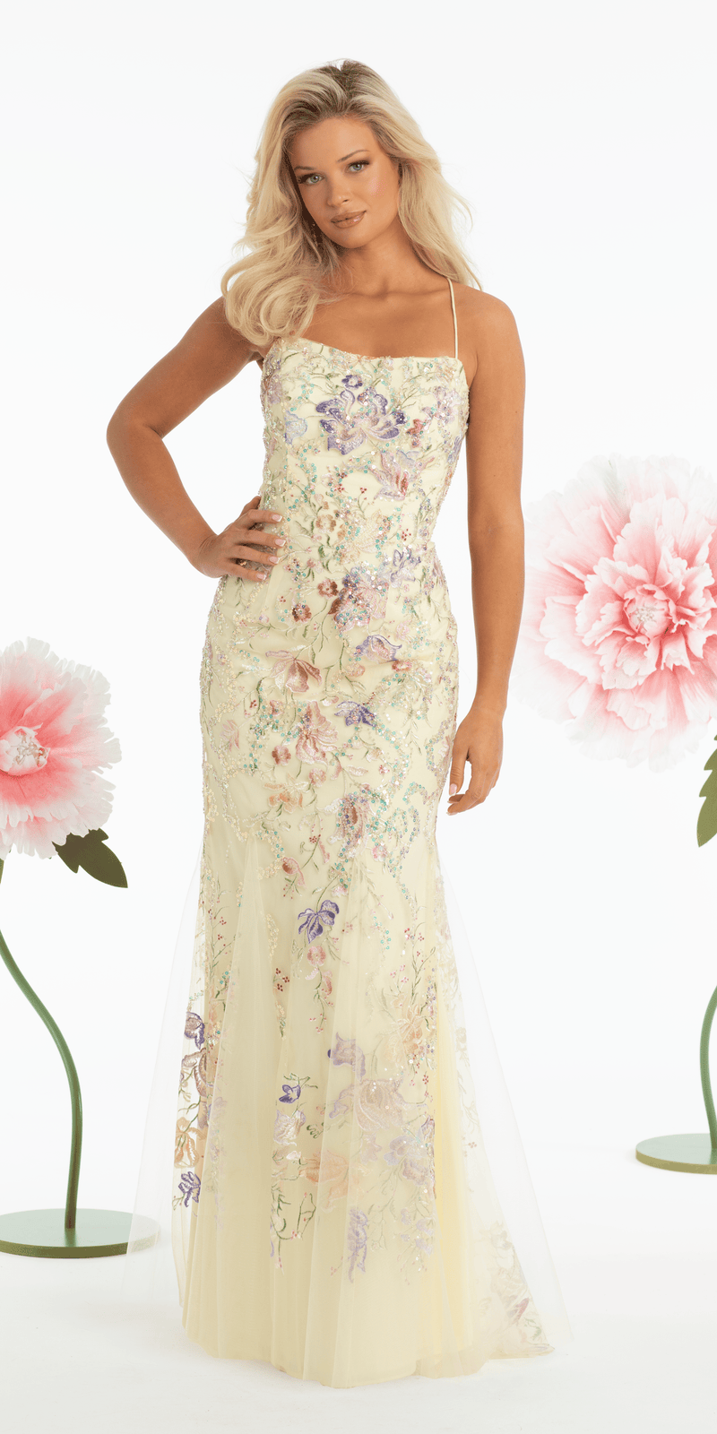 sachin and babi light blue dress Strappy Back Mesh Floral Embroidered Column Dress – Camille La Vie