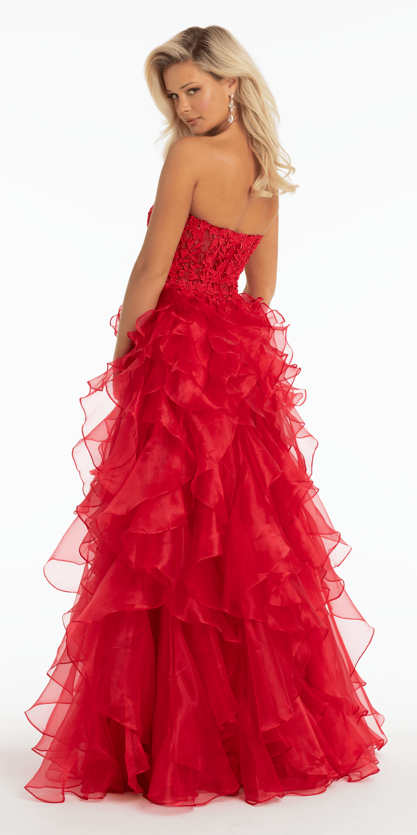 Strapless Embroidered Organza Corset Ballgown with Ruffles
