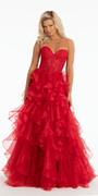 red/size/4/missy/Camille La Vie/Strapless Embroidered Organza Corset Ballgown with Ruffles /front