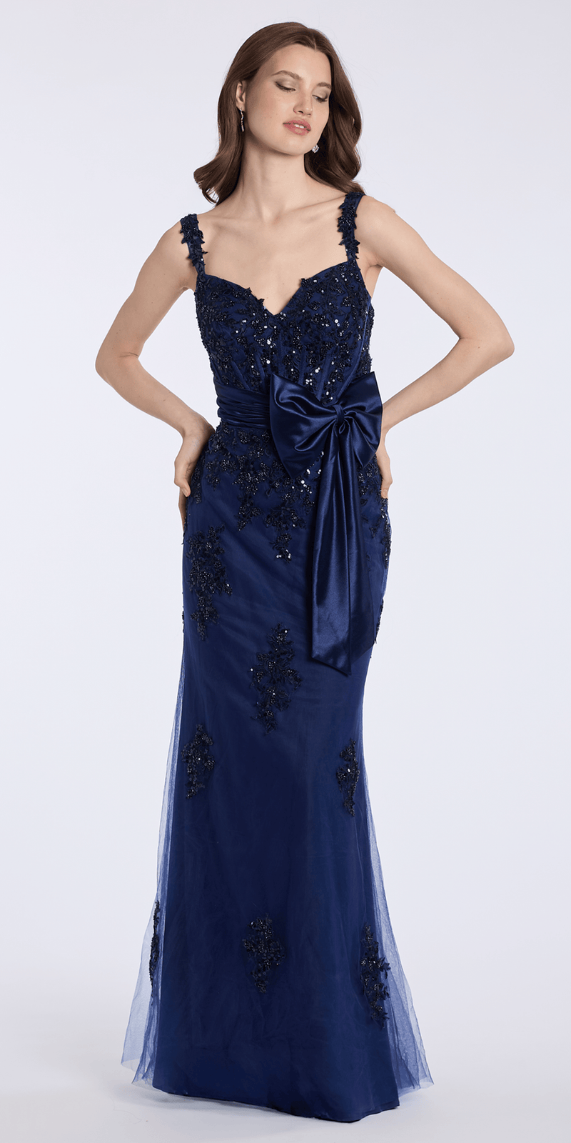 navy/size/6/missy/Camille La Vie/ Tulle Sequin Embellished Corset Column Corset Column Dress with Satin Bow/front 