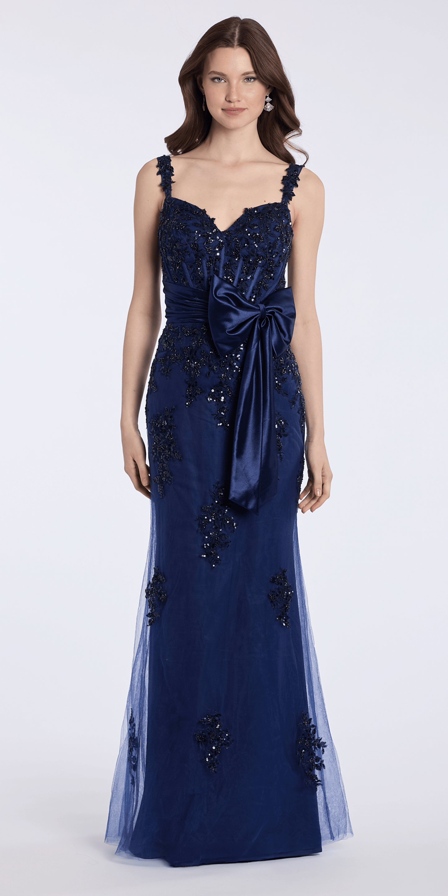 navy/size/6/missy/Camille La Vie/ Tulle Sequin Embellished Corset Column Corset Column Dress with Satin Bow/front alt