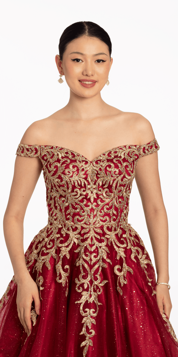 Off The Shoulder Metallic Applique Glitter Ballgown Image 2