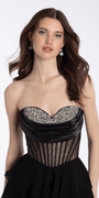 Camille La Vie Rhinestone Drape Neck Corset Fit and Flare Dress with Chiffon Tiers