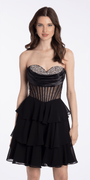 Camille La Vie Rhinestone Drape Neck Corset Fit and Flare Dress with Chiffon Tiers missy / 00 / black