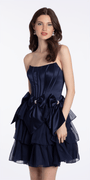 Camille La Vie Strapless Satin and Chiffon Fit and Flare Dress with Bows missy / 0 / navy