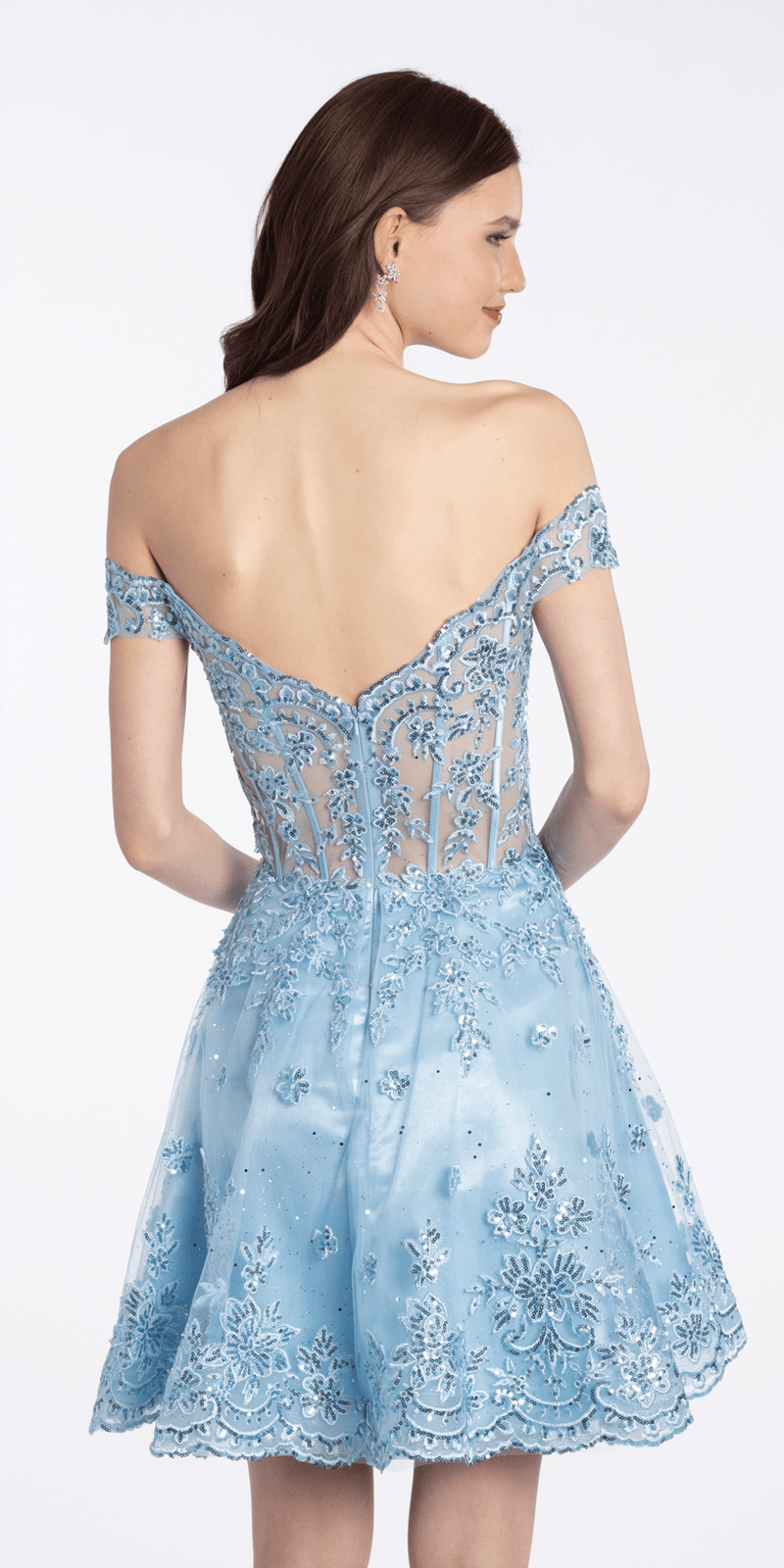 Off the Shoulder Corset Fit and Flare Dress with Scallop Hem missy / 14 / light-blue