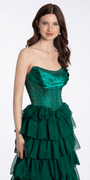 emerald/size/4/missy/Camille La Vie/ Satin Drape Embellished Corset A Line Dress with Chiffon Tiers/close up