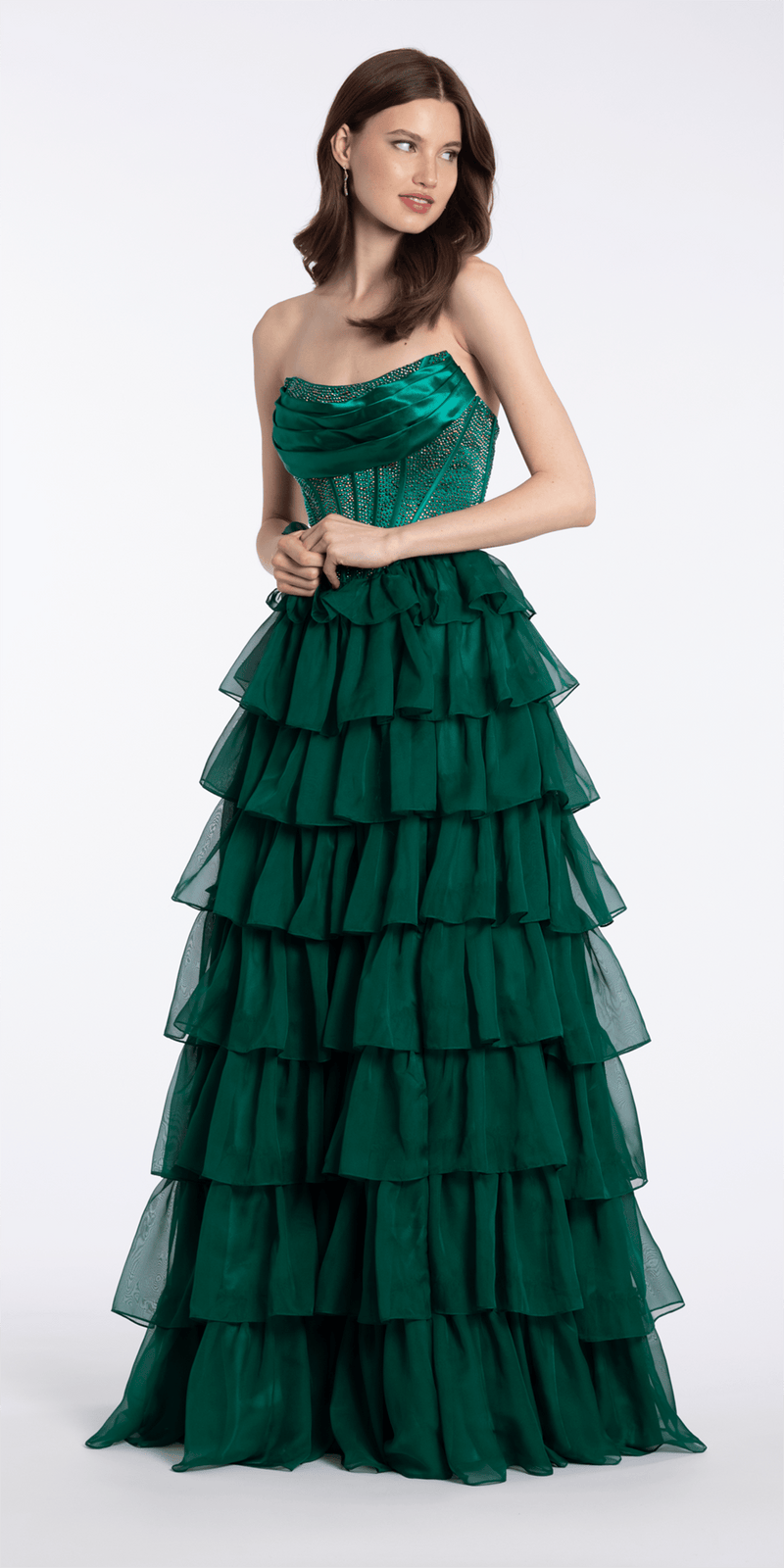 emerald/size/4/missy/Camille La Vie/ Satin Drape Embellished Corset A Line Dress with Chiffon Tiers/front 2