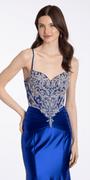 royal-blue/size/4/missy/Camille La Vie /Embroidered Sweetheart Satin Corset Trumpet Dress/close up