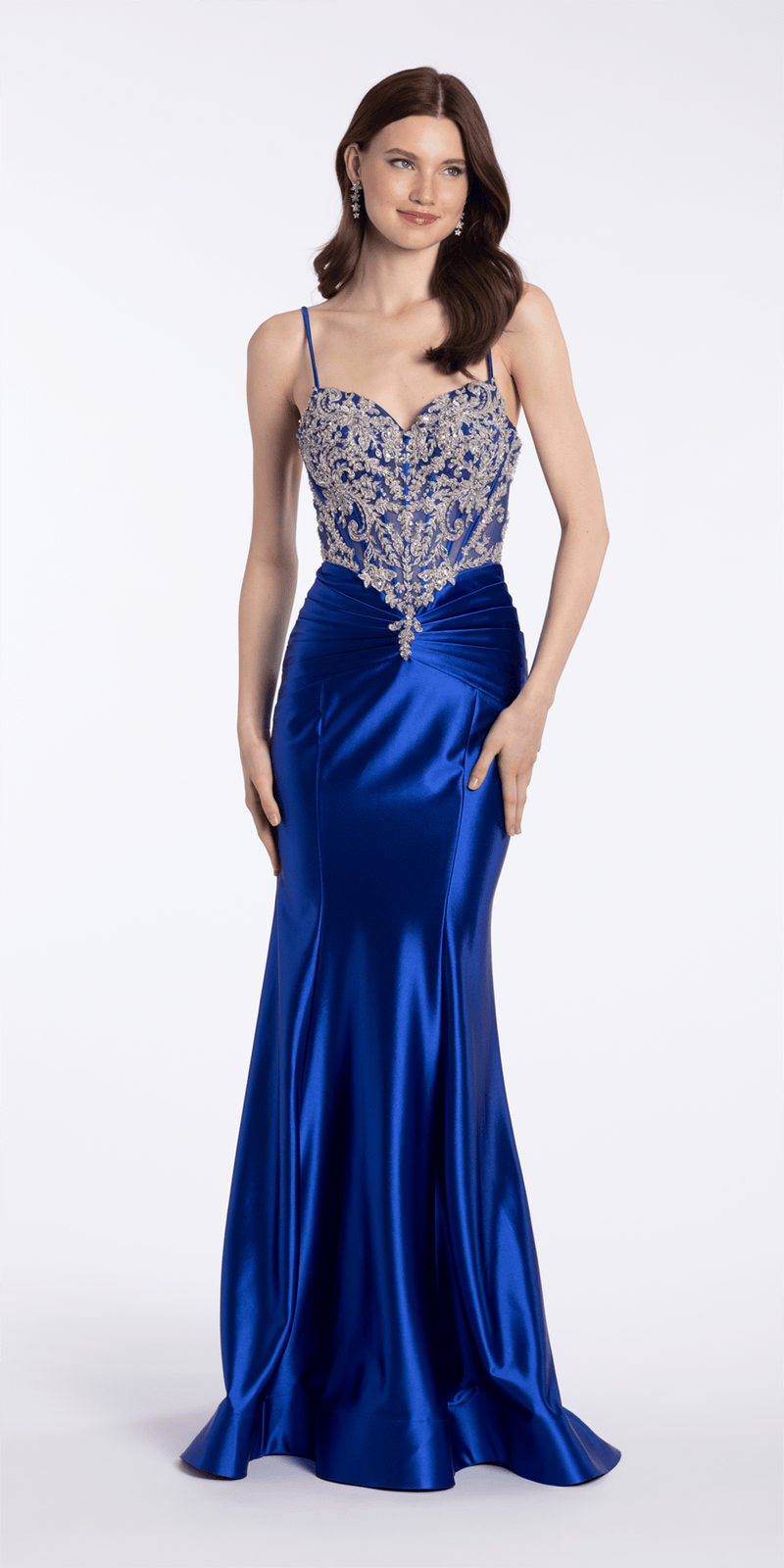 royal-blue/size/4/missy/Camille La Vie /Embroidered Sweetheart Satin Corset Trumpet Dress/front 2