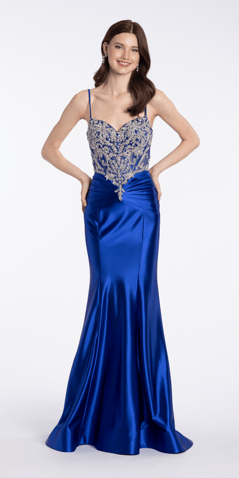 royal-blue/size/4/missy/Camille La Vie /Embroidered Sweetheart Satin Corset Trumpet Dress/front