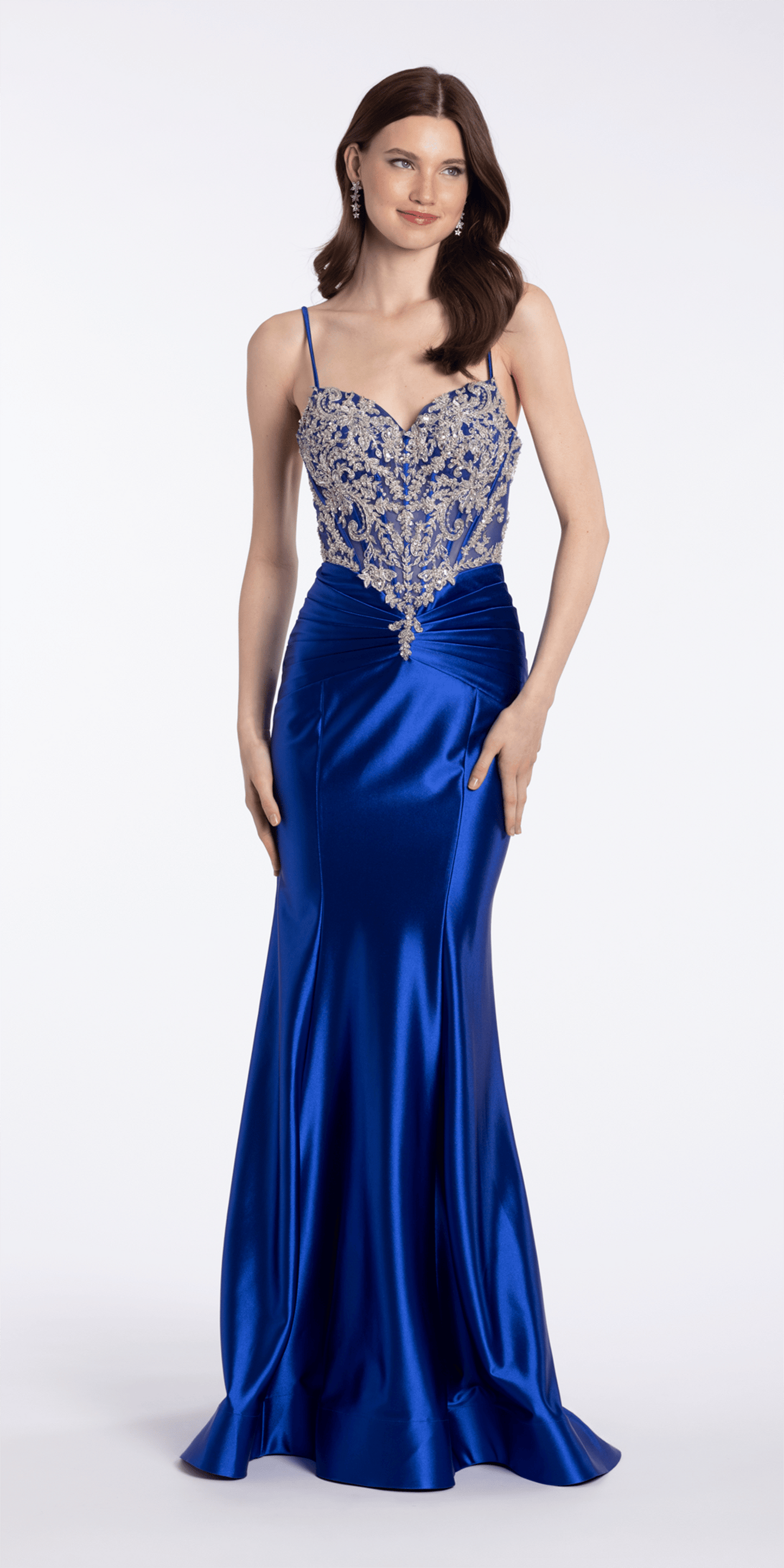 Camille La Vie Embroidered Sweetheart Satin Corset Trumpet Dress