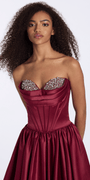 wine/size/2/missy/Camille La Vie/Satin Rhinestone Strapless Corset Ballgown with Bubble Hem/close up