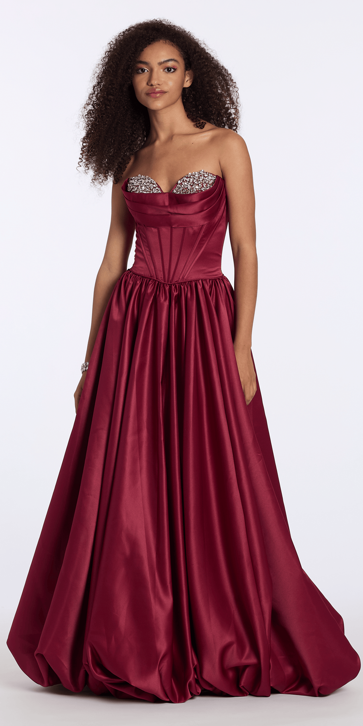 wine/size/2/missy/Camille La Vie/Satin Rhinestone Strapless Corset Ballgown with Bubble Hem/front alt