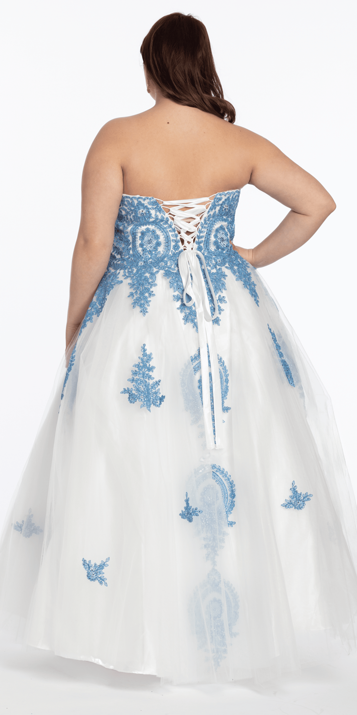 ivory-blue/ size/14/plus/Camille La Vie/Strapless Beaded Embroidered Tulle Ballgown/back