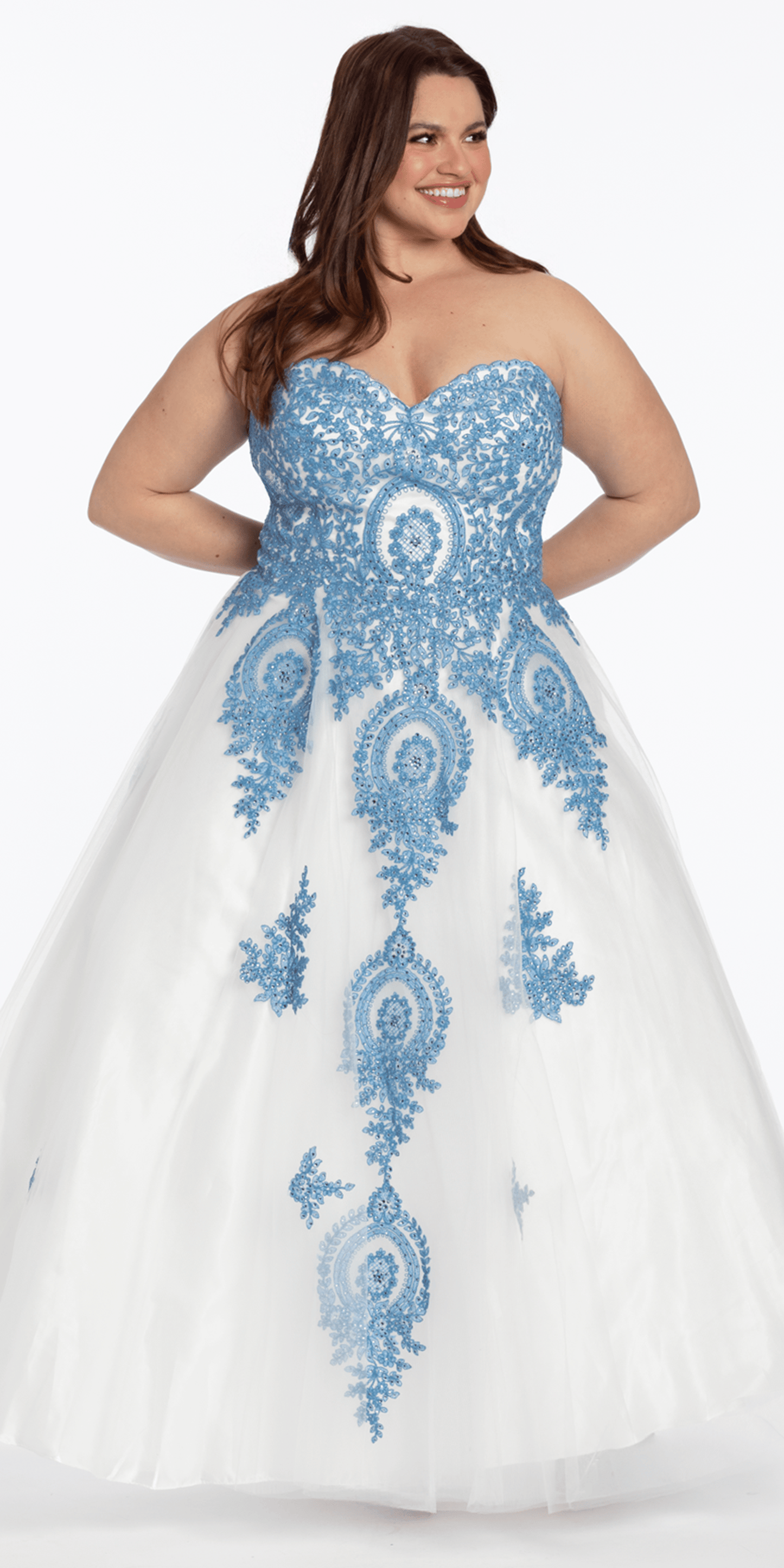 ivory-blue/ size/14/plus/Camille La Vie/Strapless Beaded Embroidered Tulle Ballgown/front