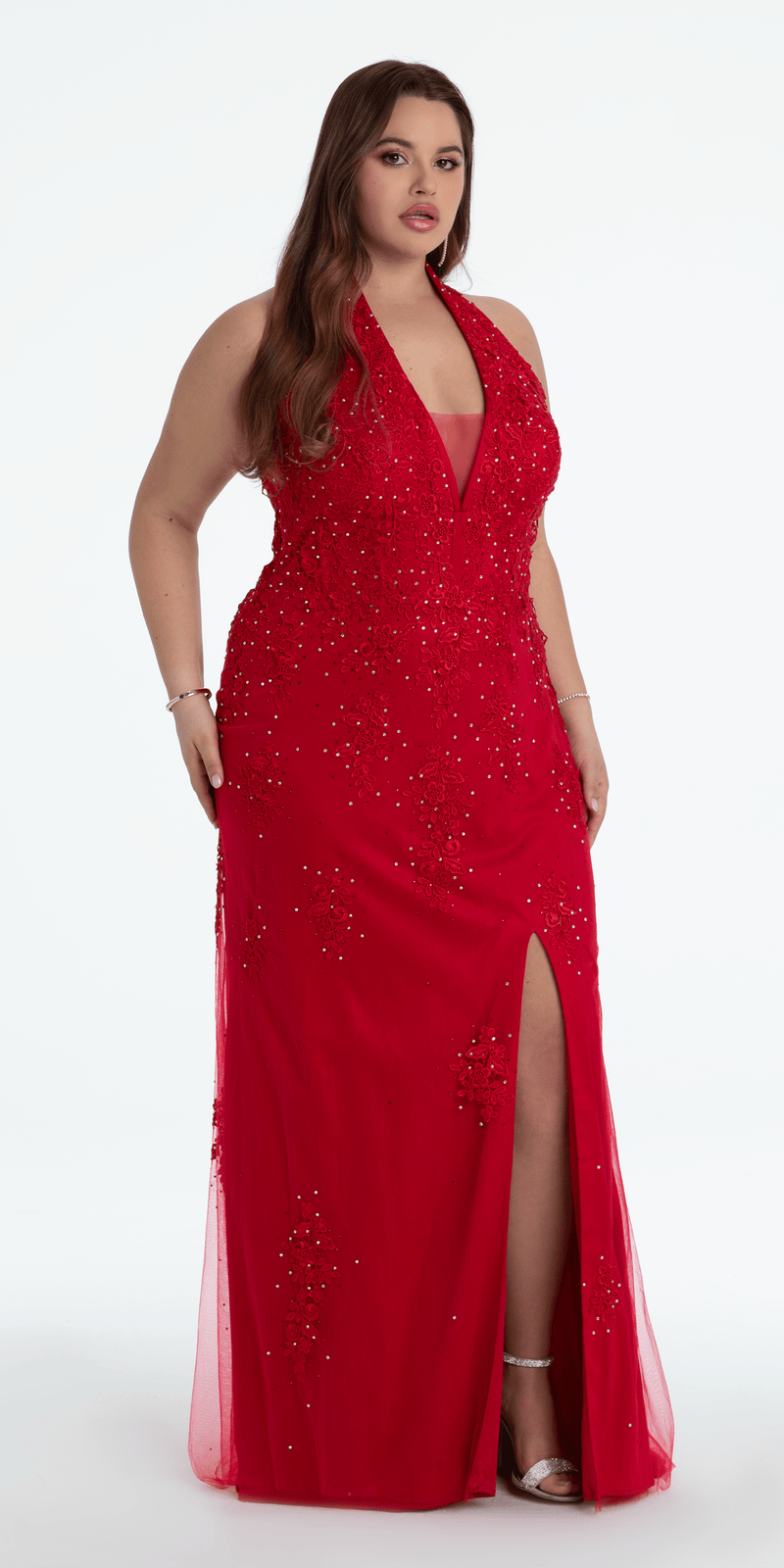 Embroidered Plunging Corset Mesh Halter Dress Image 8